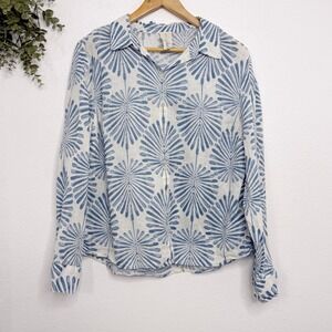 Joie 100% Linen Blue White Palm Leaf Print Button Down Shirt Top Women's L